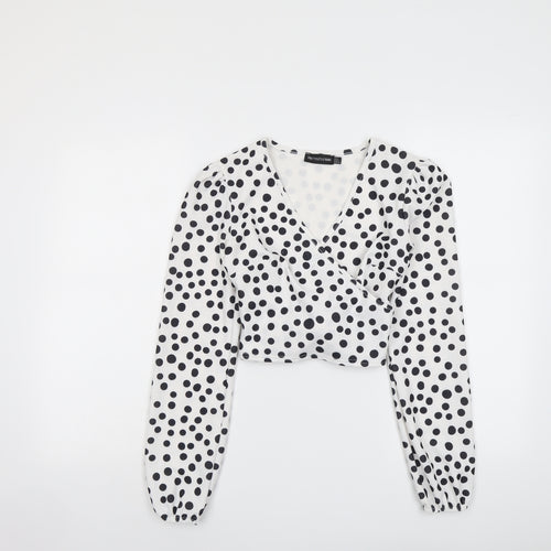 PRETTYLITTLETHING Womens White Polka Dot Polyester Cropped T-Shirt Size 6 V-Neck