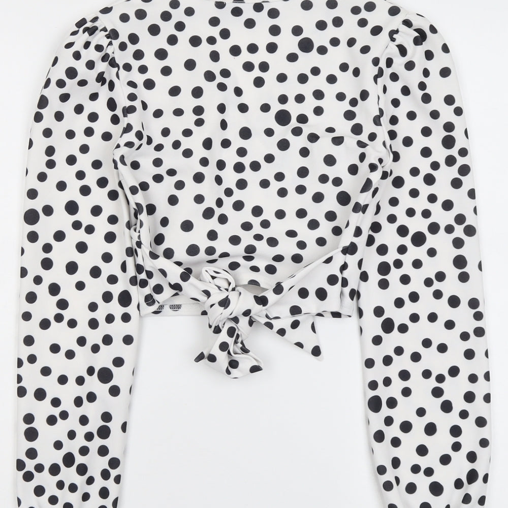 PRETTYLITTLETHING Womens White Polka Dot Polyester Cropped T-Shirt Size 6 V-Neck