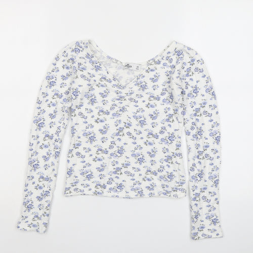 Hollister Womens White Floral Viscose Basic T-Shirt Size XS V-Neck