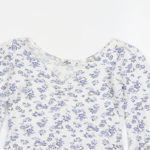 Hollister Womens White Floral Viscose Basic T-Shirt Size XS V-Neck