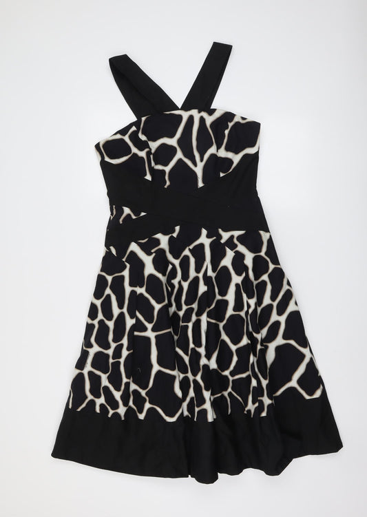 Karen Millen Womens Black Animal Print Cotton Fit & Flare Size 14 V-Neck Zip - Giraffe pattern