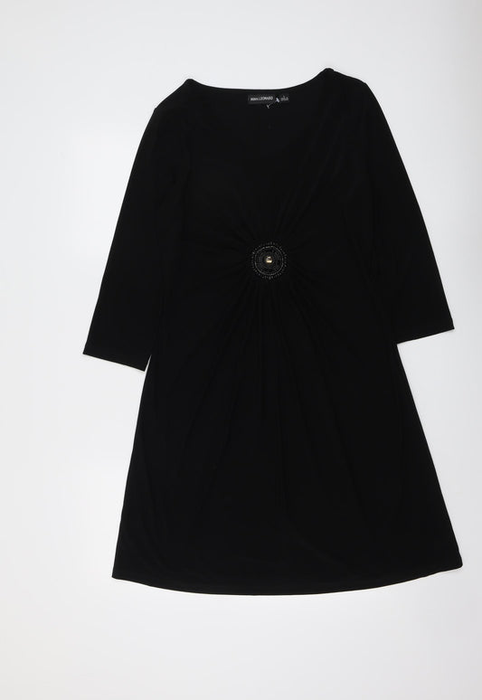 Nina Leonard Womens Black Polyester A-Line Size L Round Neck Pullover