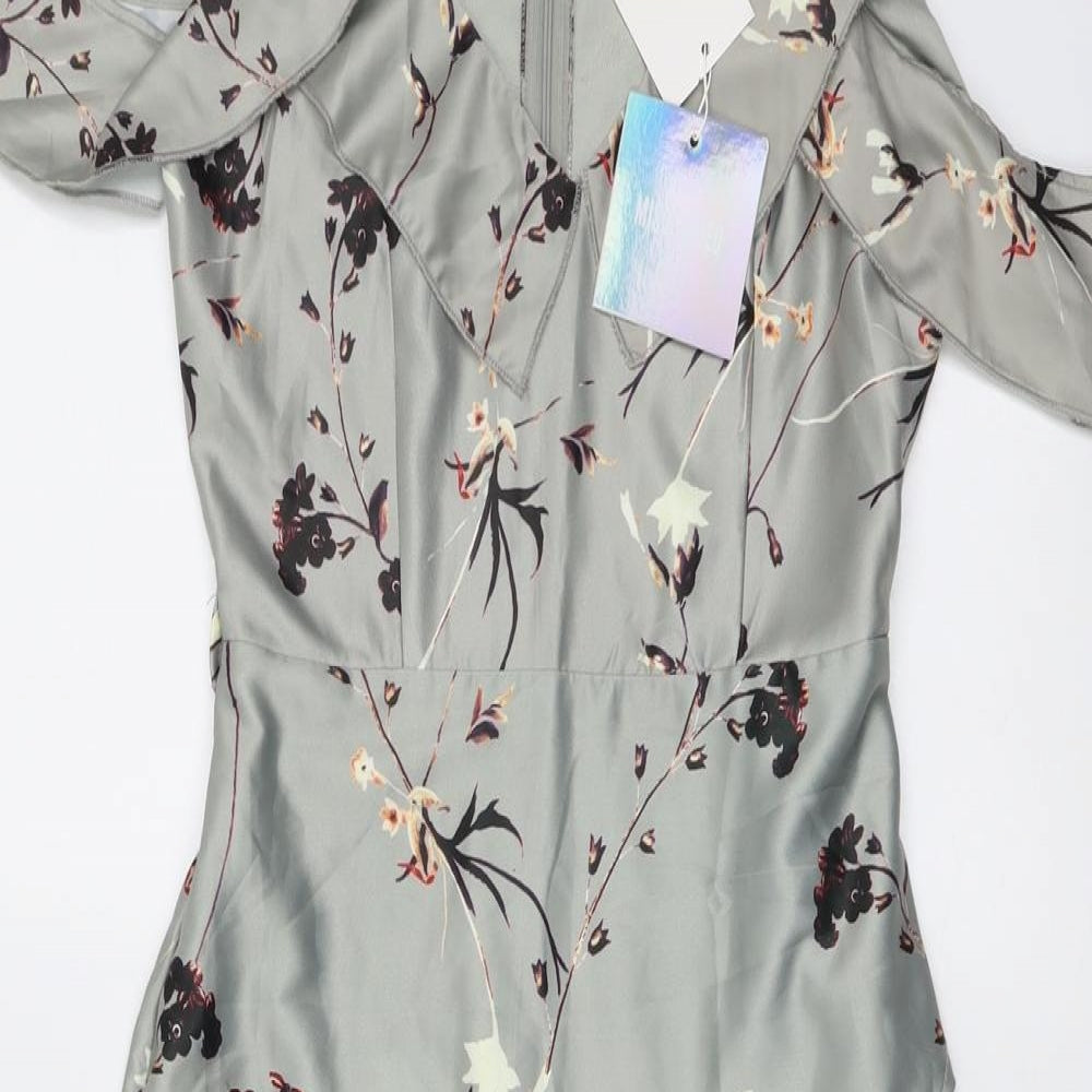Missguided Womens Grey Floral Polyester Bodycon Size 8 V-Neck Zip - Cold Shoulder