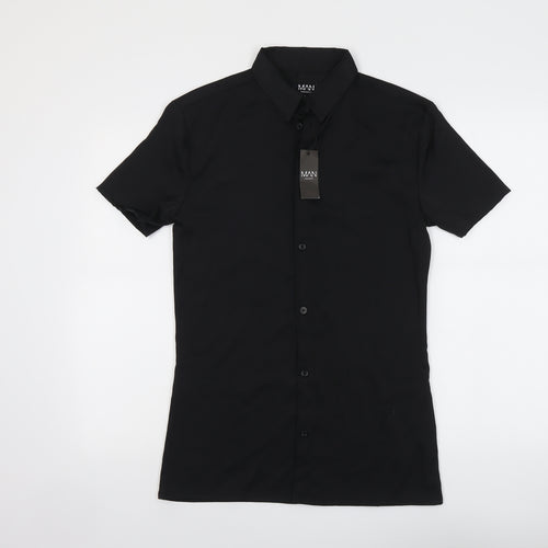 Boohoo Mens Black Polyester Button-Up Size S Collared Button