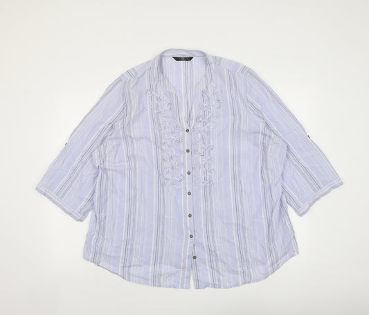 Bonmarché Womens Blue Striped Cotton Basic Button-Up Size 24 V-Neck