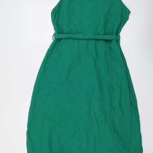Very Womens Green Linen A-Line Size 14 V-Neck Button