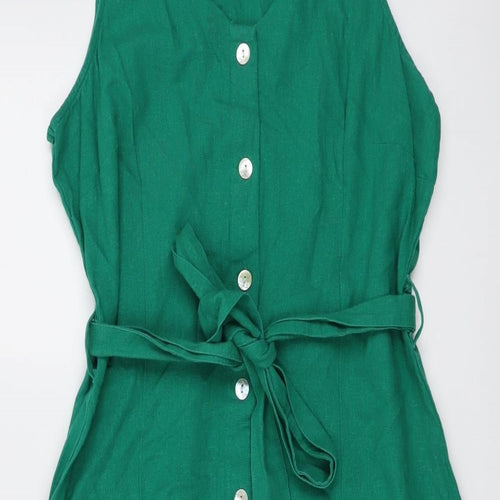 Very Womens Green Linen A-Line Size 14 V-Neck Button