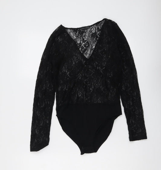 Zara Womens Black Floral Polyester Bodysuit One-Piece Size M Snap
