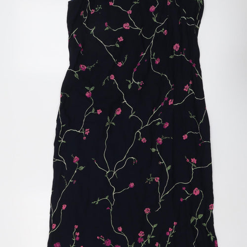 Debenhams Womens Black Floral Viscose Slip Dress Size 14 Square Neck Zip