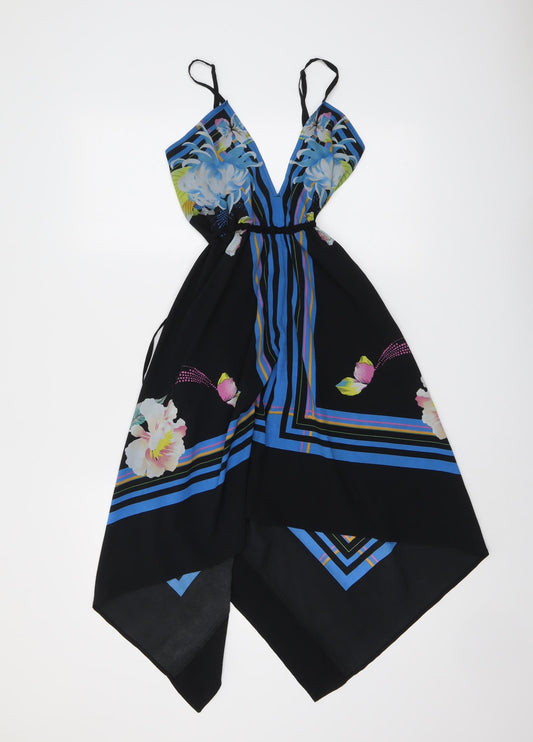 Miss Selfridge Womens Black Geometric Polyester Slip Dress Size 4 V-Neck Zip