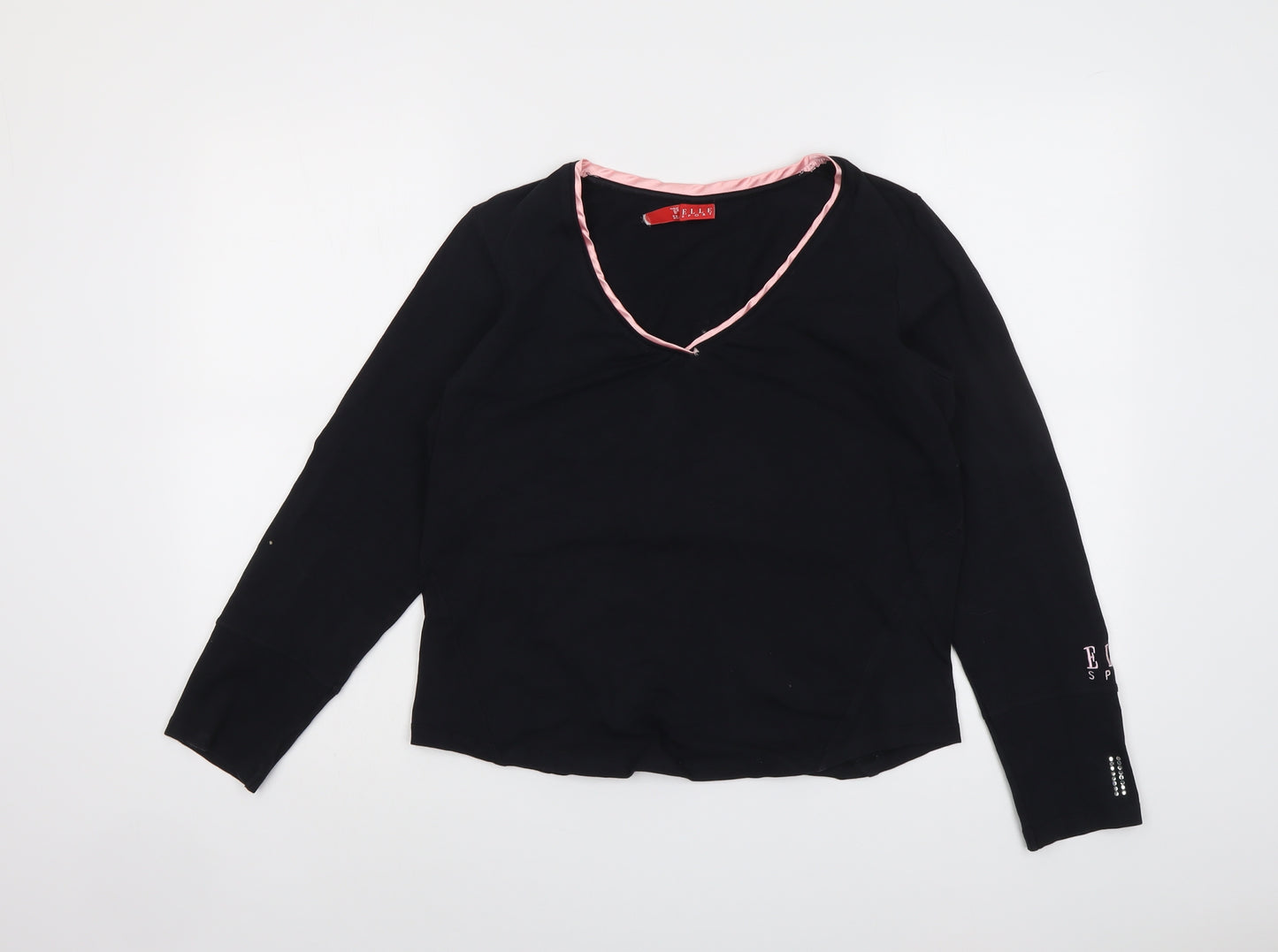 ELLE Womens Black Cotton Basic T-Shirt Size 16 V-Neck Pullover
