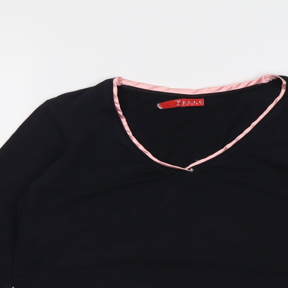 ELLE Womens Black Cotton Basic T-Shirt Size 16 V-Neck Pullover