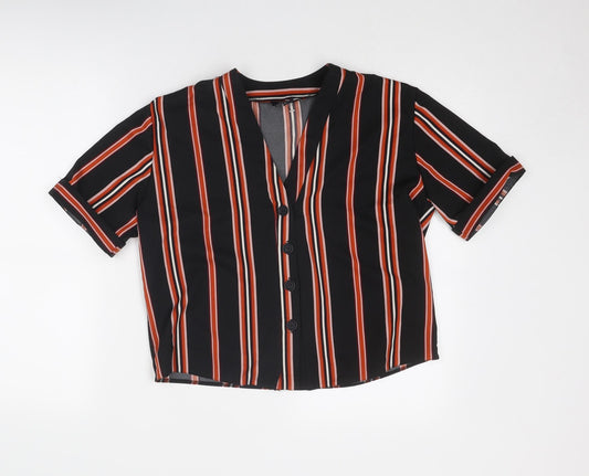 New Look Womens Black Striped Polyester Basic Button-Up Size 8 V-Neck