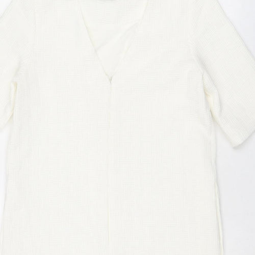 FRNCH Womens White Geometric Polyester A-Line Size M Round Neck Zip