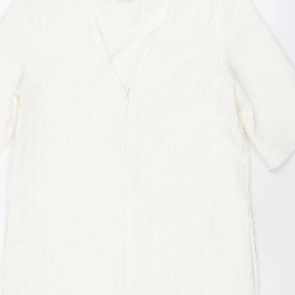 FRNCH Womens White Geometric Polyester A-Line Size M Round Neck Zip