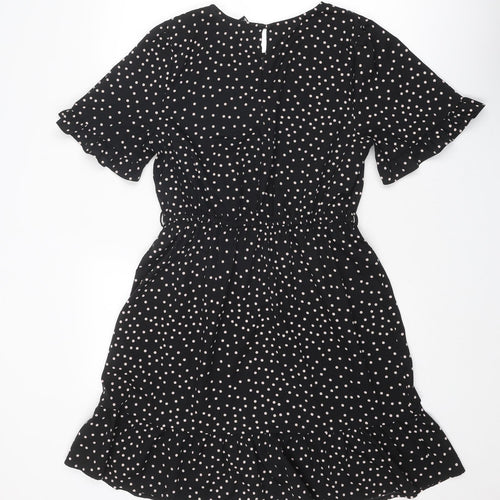 New Look Womens Black Polka Dot Polyester Skater Dress Size 14 Round Neck Button
