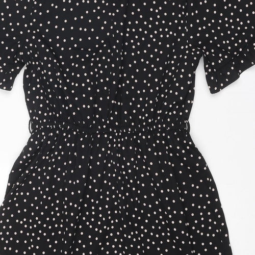 New Look Womens Black Polka Dot Polyester Skater Dress Size 14 Round Neck Button