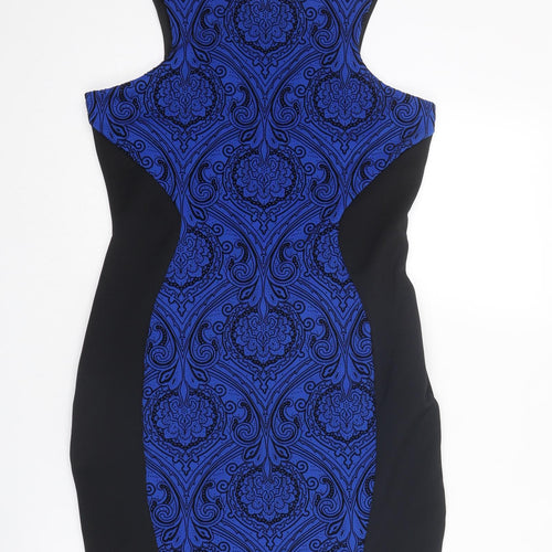 Jane Norman Womens Blue Geometric Polyester Bodycon Size 16 Round Neck Button