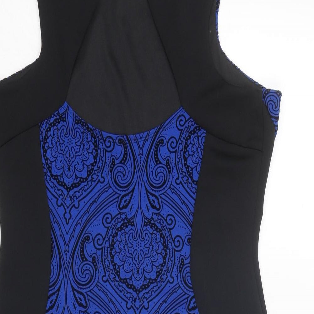 Jane Norman Womens Blue Geometric Polyester Bodycon Size 16 Round Neck Button