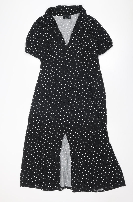 ASOS Womens Black Polka Dot Cotton Shirt Dress Size 10 Collared Pullover