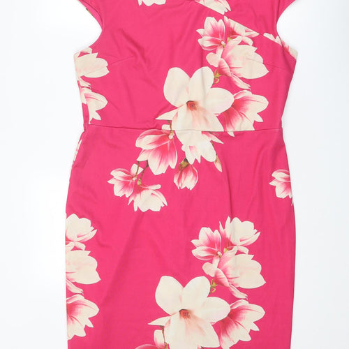 Dorothy Perkins Womens Pink Floral Polyester A-Line Size 16 Boat Neck Zip