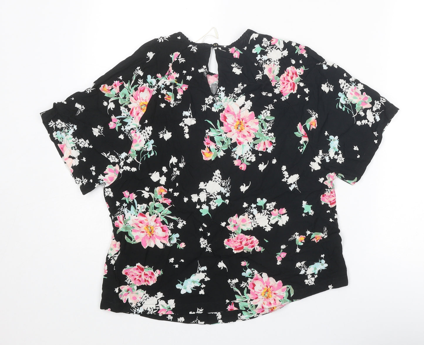 Marks and Spencer Womens Black Floral Viscose Basic Blouse Size 10 Round Neck