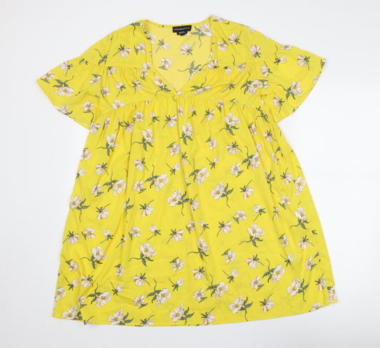 Wednesday's Girl Womens Yellow Floral Polyester T-Shirt Dress Size S V-Neck Pullover