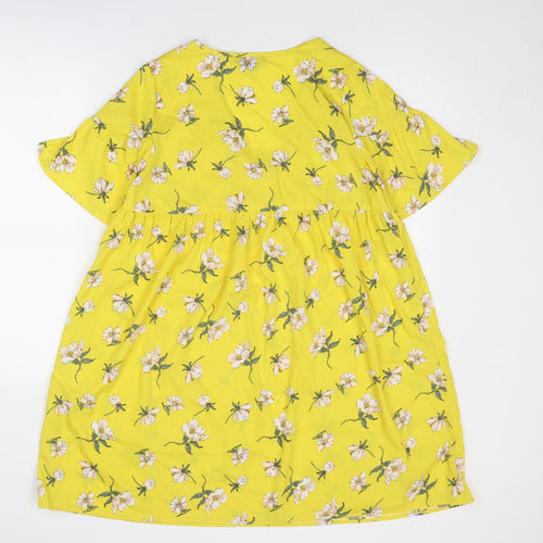 Wednesday's Girl Womens Yellow Floral Polyester T-Shirt Dress Size S V-Neck Pullover