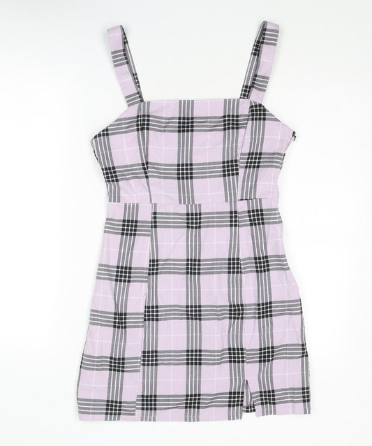 Divided by H&M Womens Purple Plaid Polyester Pinafore/Dungaree Dress Size 10 Square Neck Zip