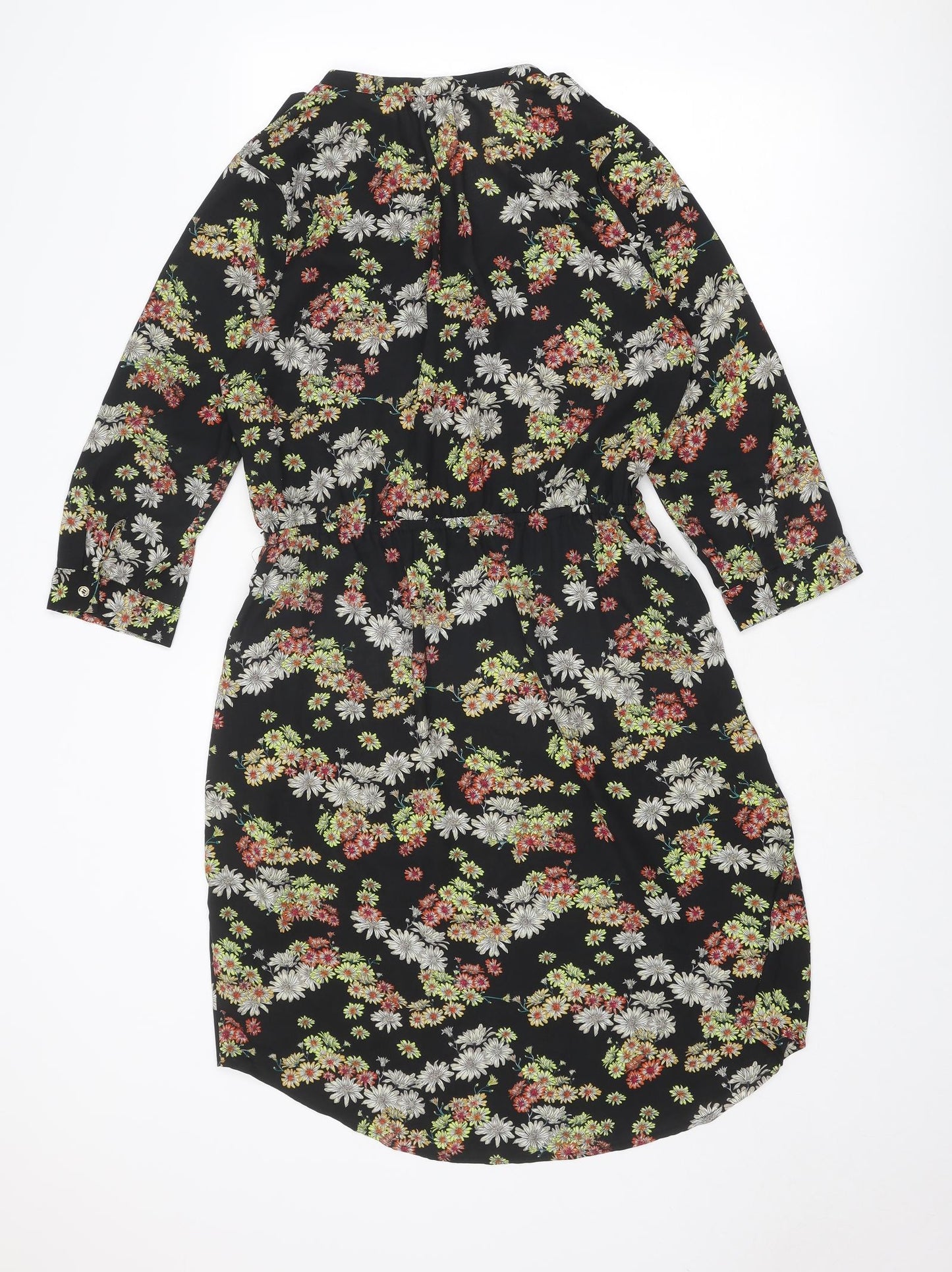 Oasis Womens Black Floral Polyester A-Line Size 12 V-Neck Button