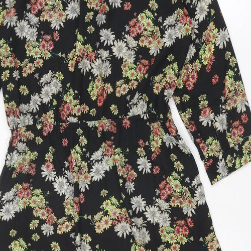 Oasis Womens Black Floral Polyester A-Line Size 12 V-Neck Button