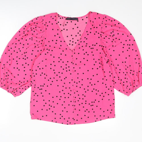 Marks and Spencer Womens Pink Polka Dot Polyester Basic Blouse Size 8 V-Neck
