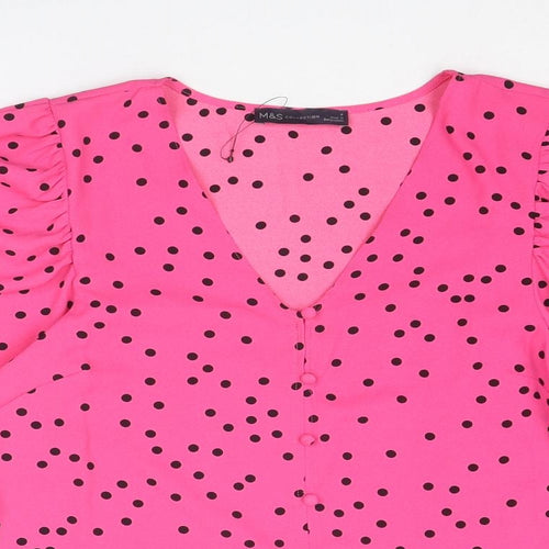 Marks and Spencer Womens Pink Polka Dot Polyester Basic Blouse Size 8 V-Neck