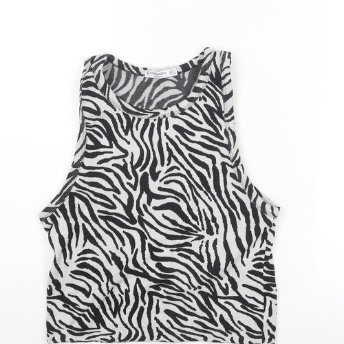 Stradivarius Womens Black Animal Print Polyester Cropped Tank Size L Round Neck - Zebra Pattern