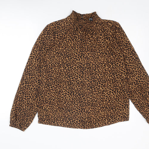 New Look Womens Brown Animal Print Polyester Basic Blouse Size 12 Mock Neck - Leopard Print