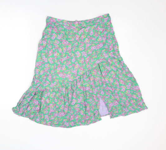 Oliver Bonas Womens Green Floral Viscose Swing Skirt Size 12 Zip