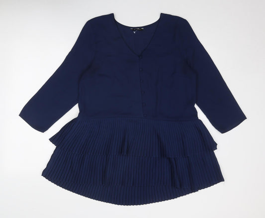 Roman Womens Blue Polyester Basic Blouse Size 14 V-Neck