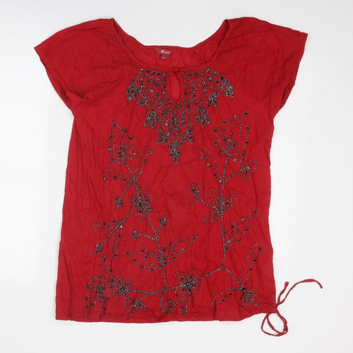 Monsoon Womens Red Cotton Basic T-Shirt Size 16 Round Neck