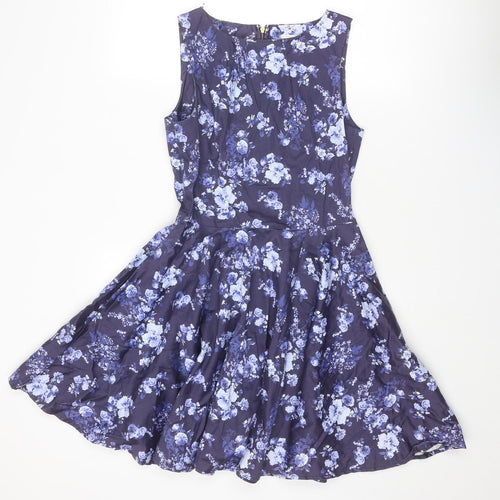 Closet Womens Blue Floral Cotton Fit & Flare Size 12 Round Neck Zip
