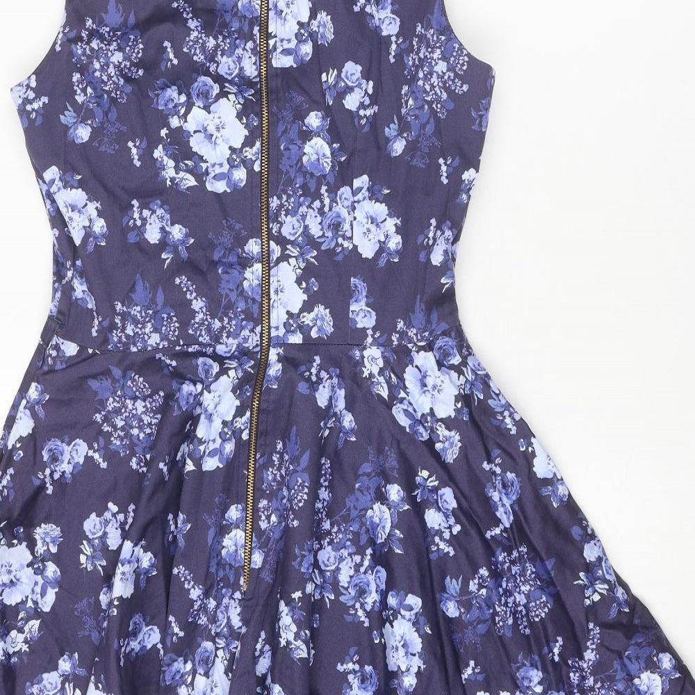 Closet Womens Blue Floral Cotton Fit & Flare Size 12 Round Neck Zip
