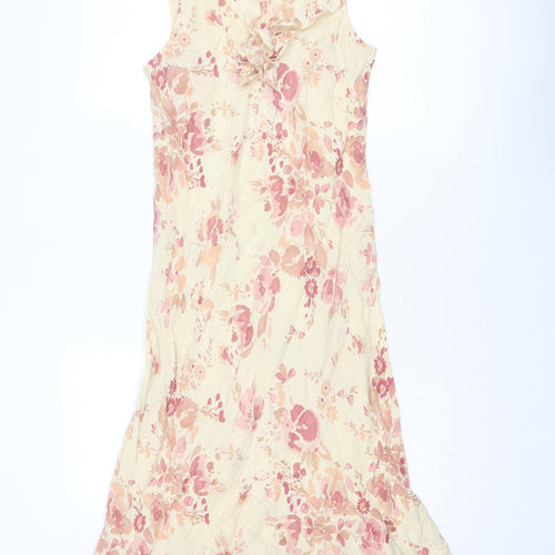 Per Una Womens Beige Floral Linen Slip Dress Size 12 V-Neck Pullover