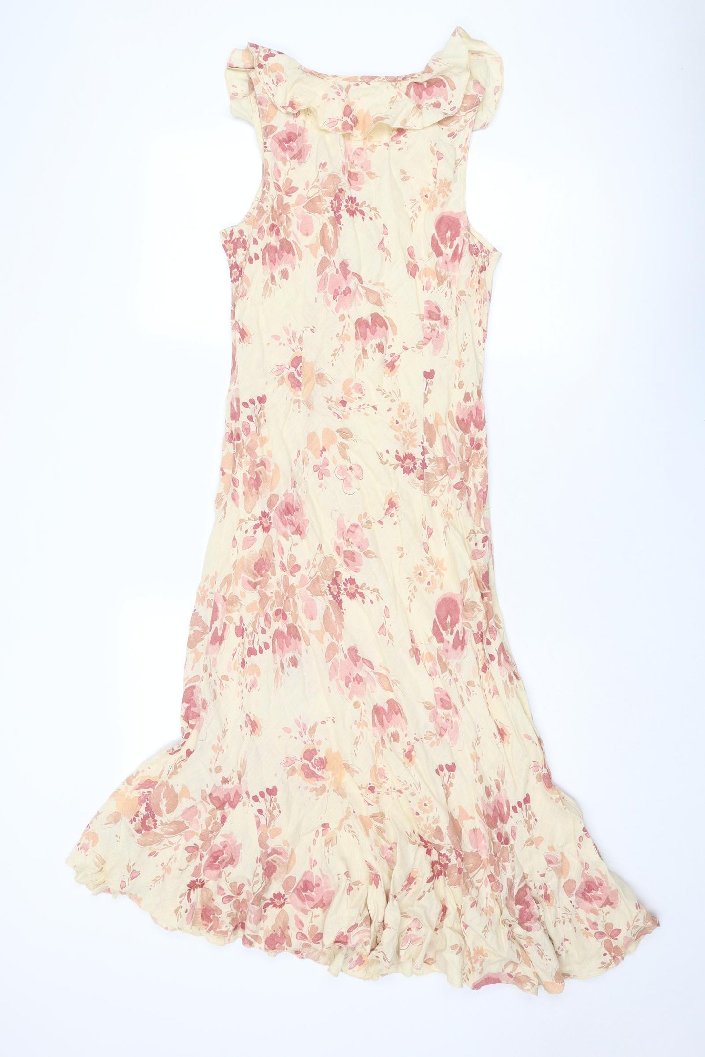 Per Una Womens Beige Floral Linen Slip Dress Size 12 V-Neck Pullover