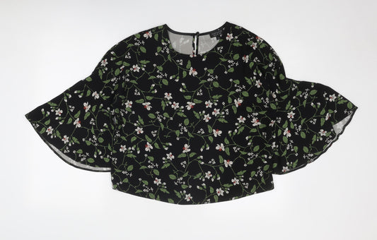 Topshop Womens Black Floral Polyester Basic Blouse Size 10 Round Neck