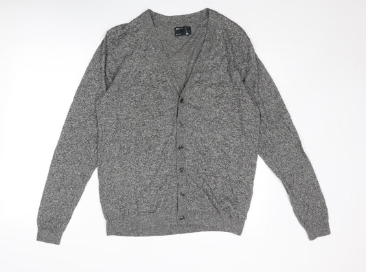 ASOS Mens Grey V-Neck Geometric Cotton Cardigan Jumper Size L Long Sleeve