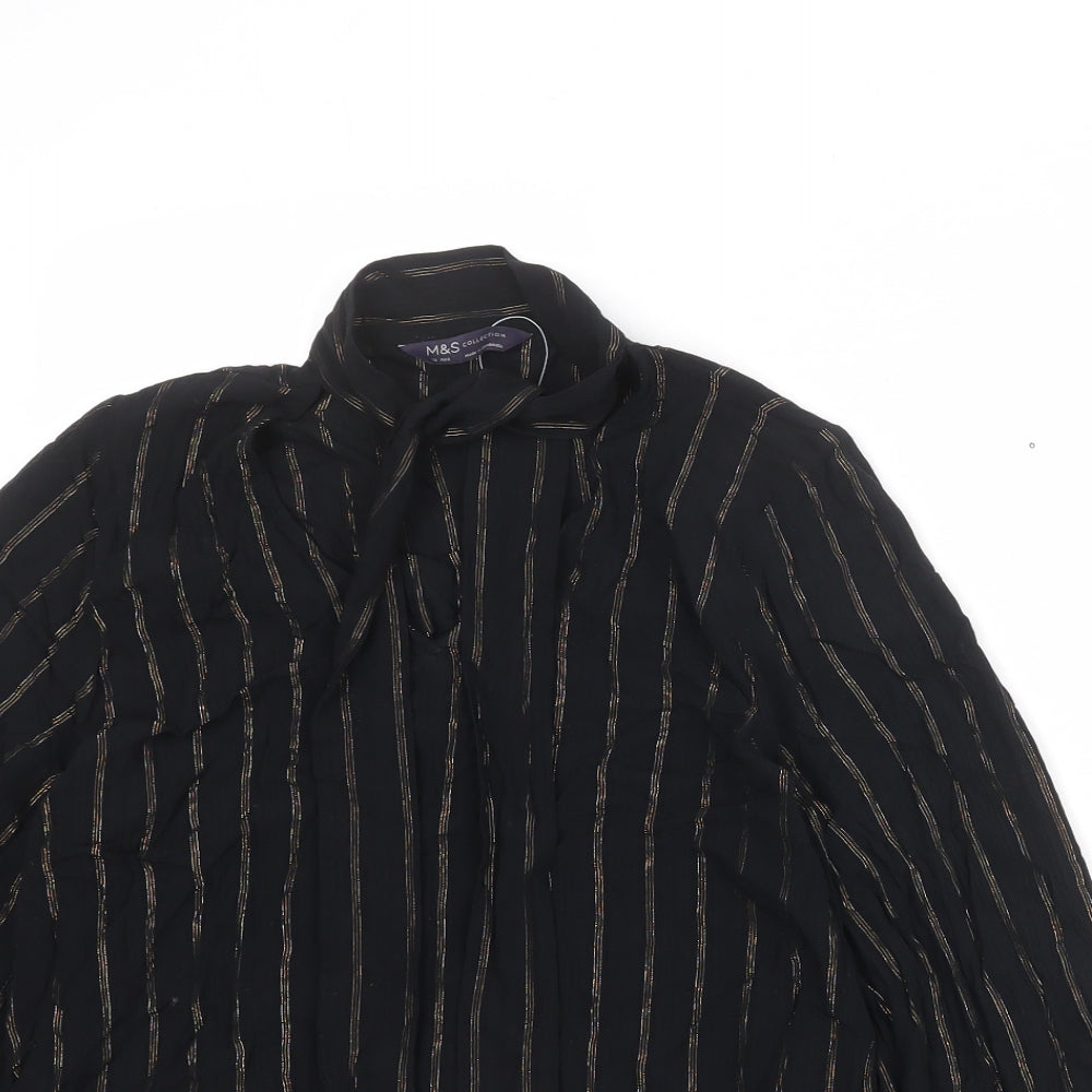 Marks and Spencer Womens Black Striped Viscose Basic Blouse Size 10 High Neck