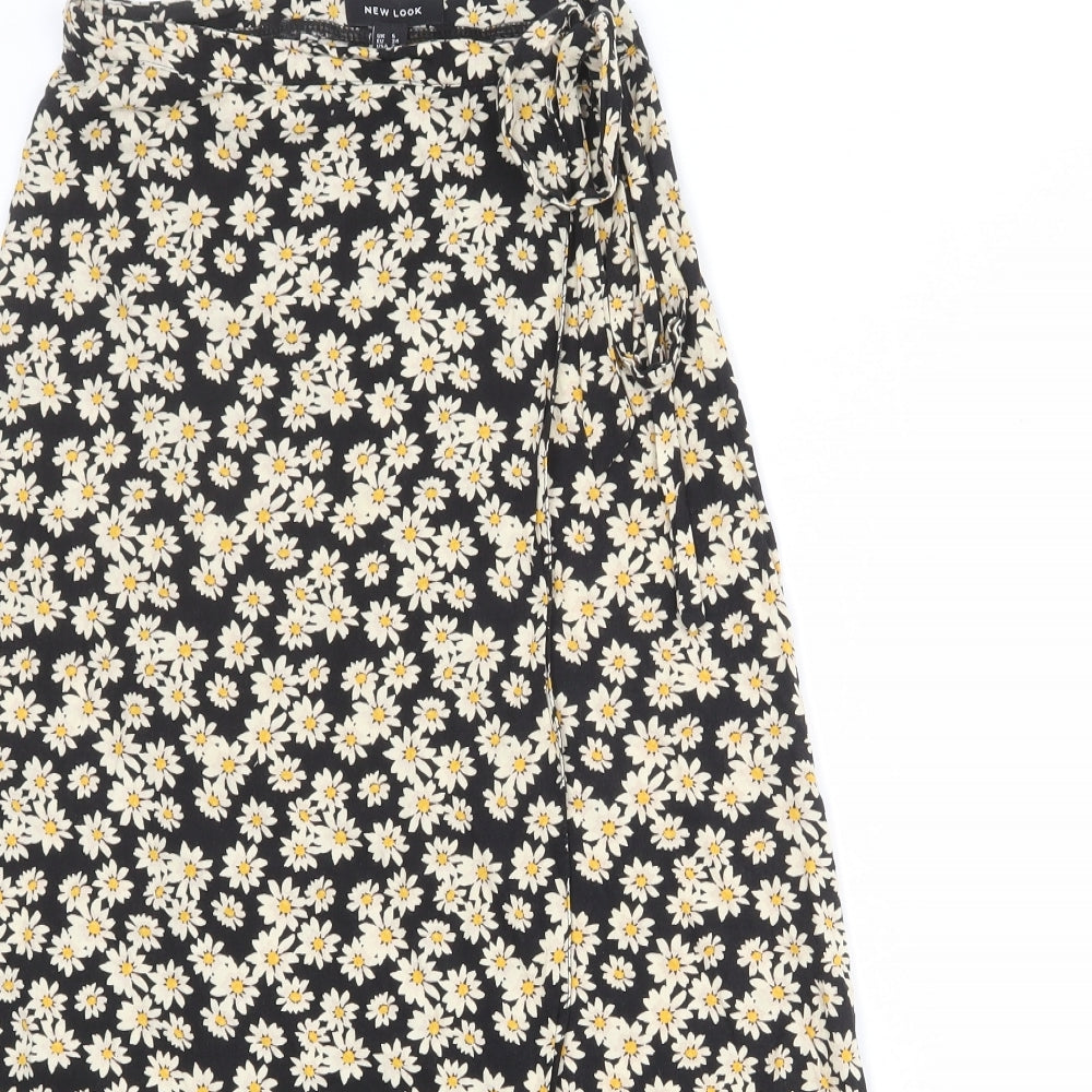 New Look Womens Black Floral Viscose Wrap Skirt Size 6 Button