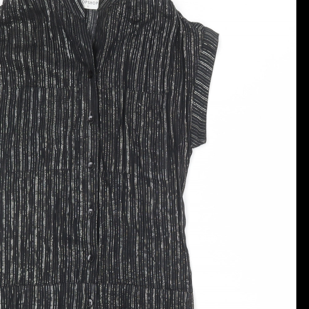 Topshop Womens Black Striped 100% Cotton A-Line Size 12 V-Neck Button