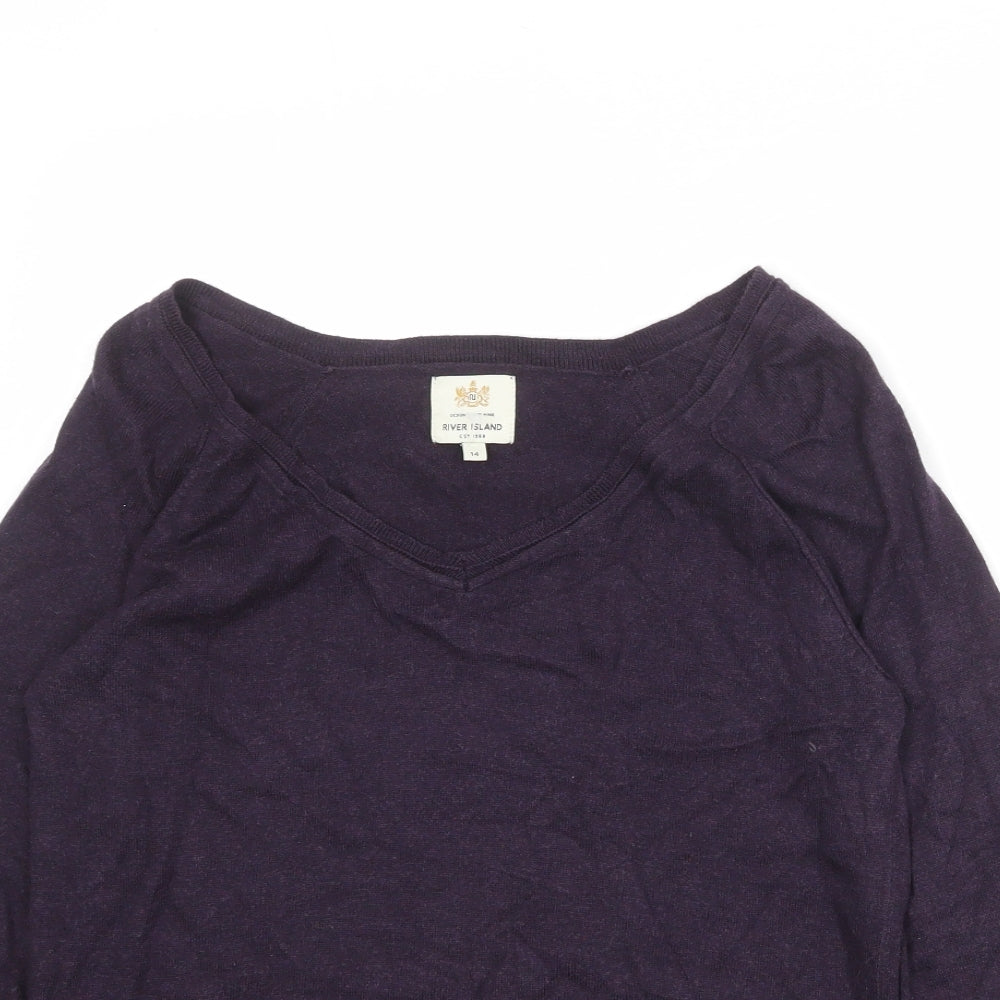 River Island Womens Purple V-Neck Cotton Pullover Jumper Size 14