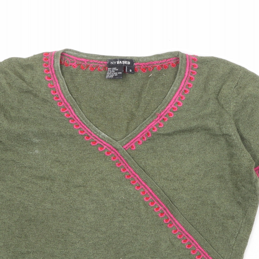 NY Based Womens Green Linen Basic T-Shirt Size S V-Neck
