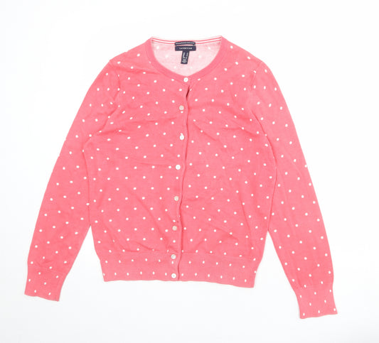 Lands' End Womens Pink Round Neck Polka Dot 100% Cotton Cardigan Jumper Size M